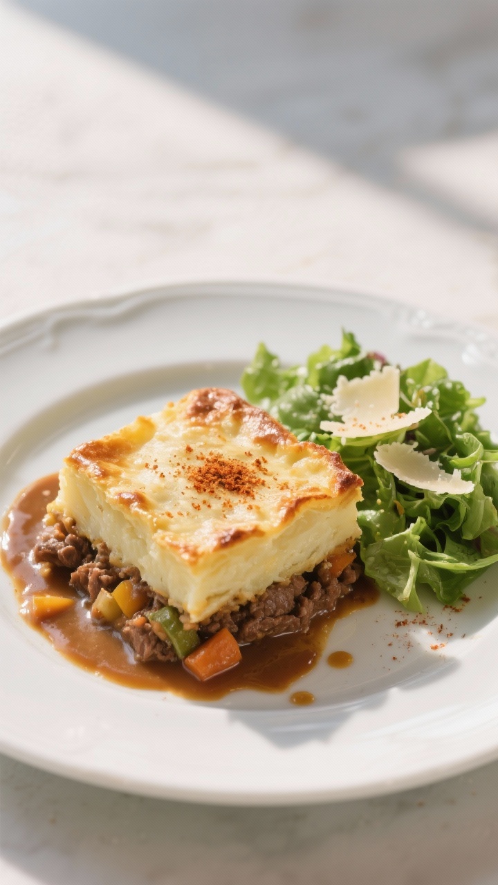 Tasty top view: A plated square of shepherd’s pie on a white ceramic plate, neat layers visible—