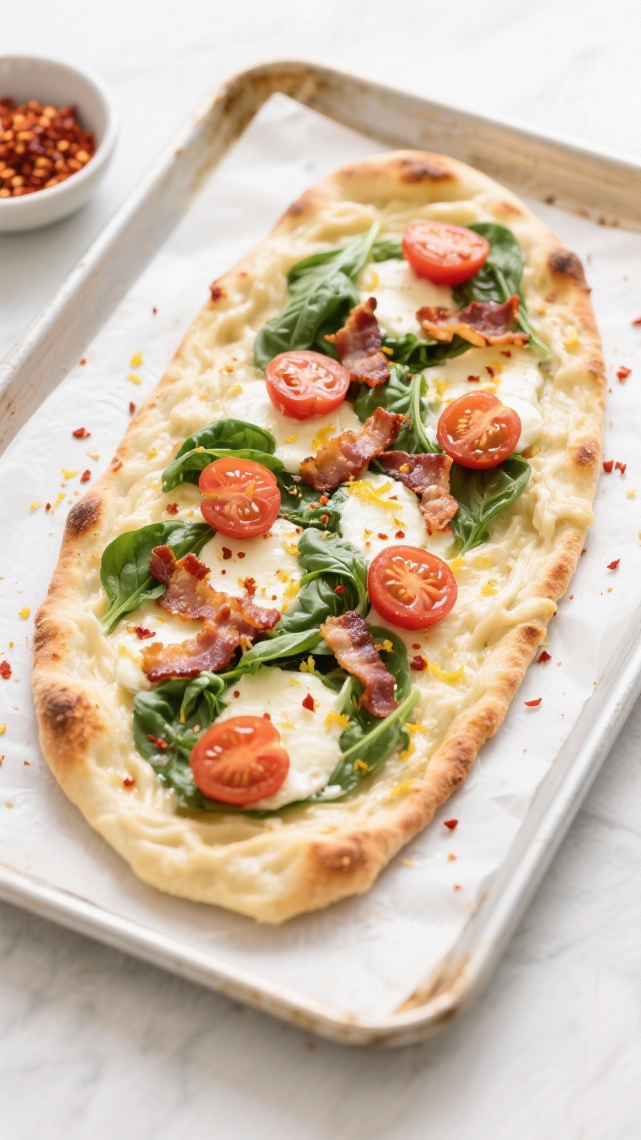 Tasty top view: Alfredo Flatbread on a sheet pan — overhead shot showing a thin layer of Alfredo t