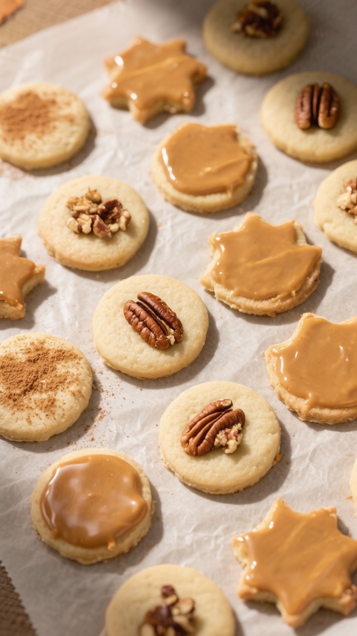 Tasty top view: An arranged grid of maple-iced vegan sugar cookies on a parchment-lined sheet, showi