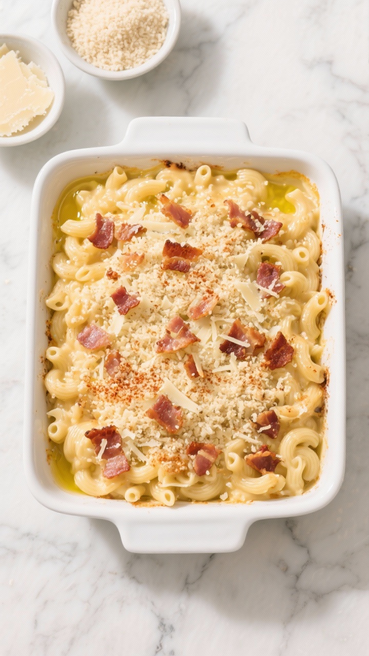 Tasty top view: Assembled baking dish before the oven—mac and cheese spread evenly in an 8x8 dish,