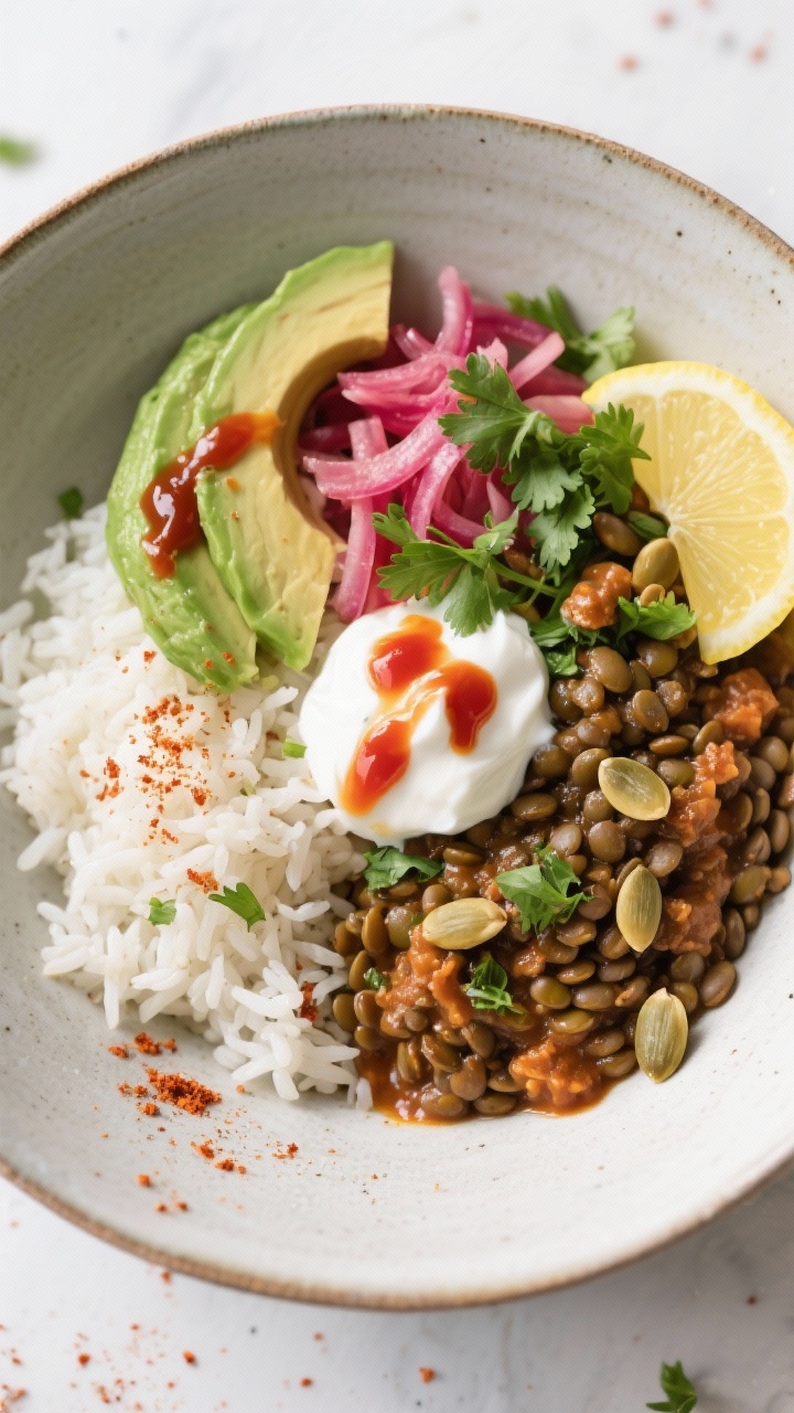Tasty top view: Assembled Lentil & Rice Bowls—fluffy long-grain white rice on one side, saucy spic