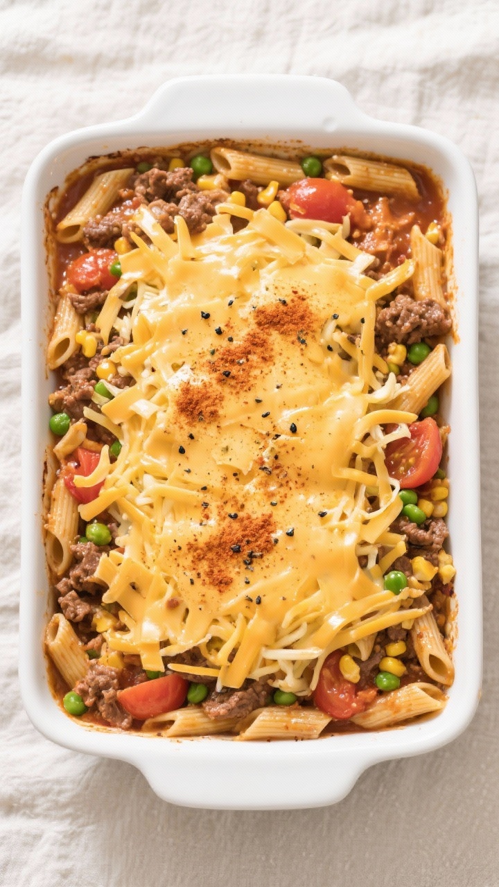 Tasty top view before the oven: Overhead shot of the casserole mixture spread in a 9x13 baking dish,