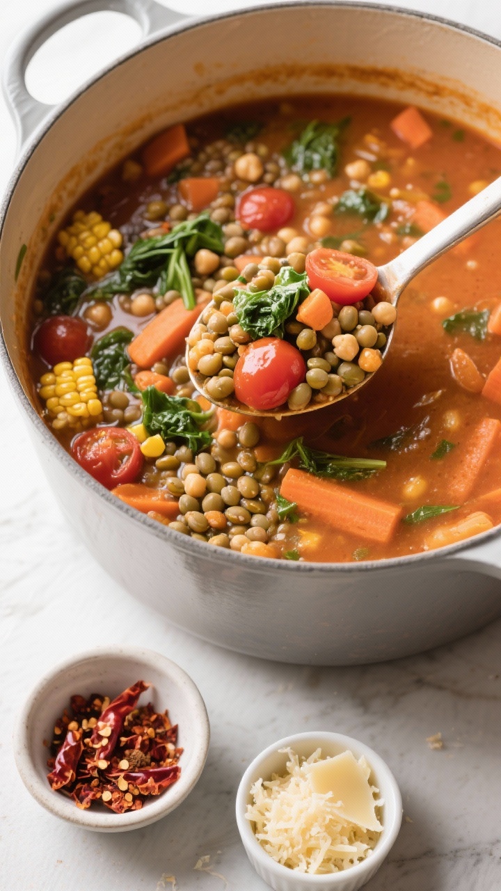 Tasty top view – big-batch family serving: Overhead shot of a large pot of finished soup ready to 