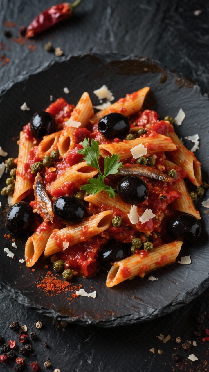 Tasty top view, bold flavor variation: Overhead shot of puttanesca-ish leftover pasta—al dente pen