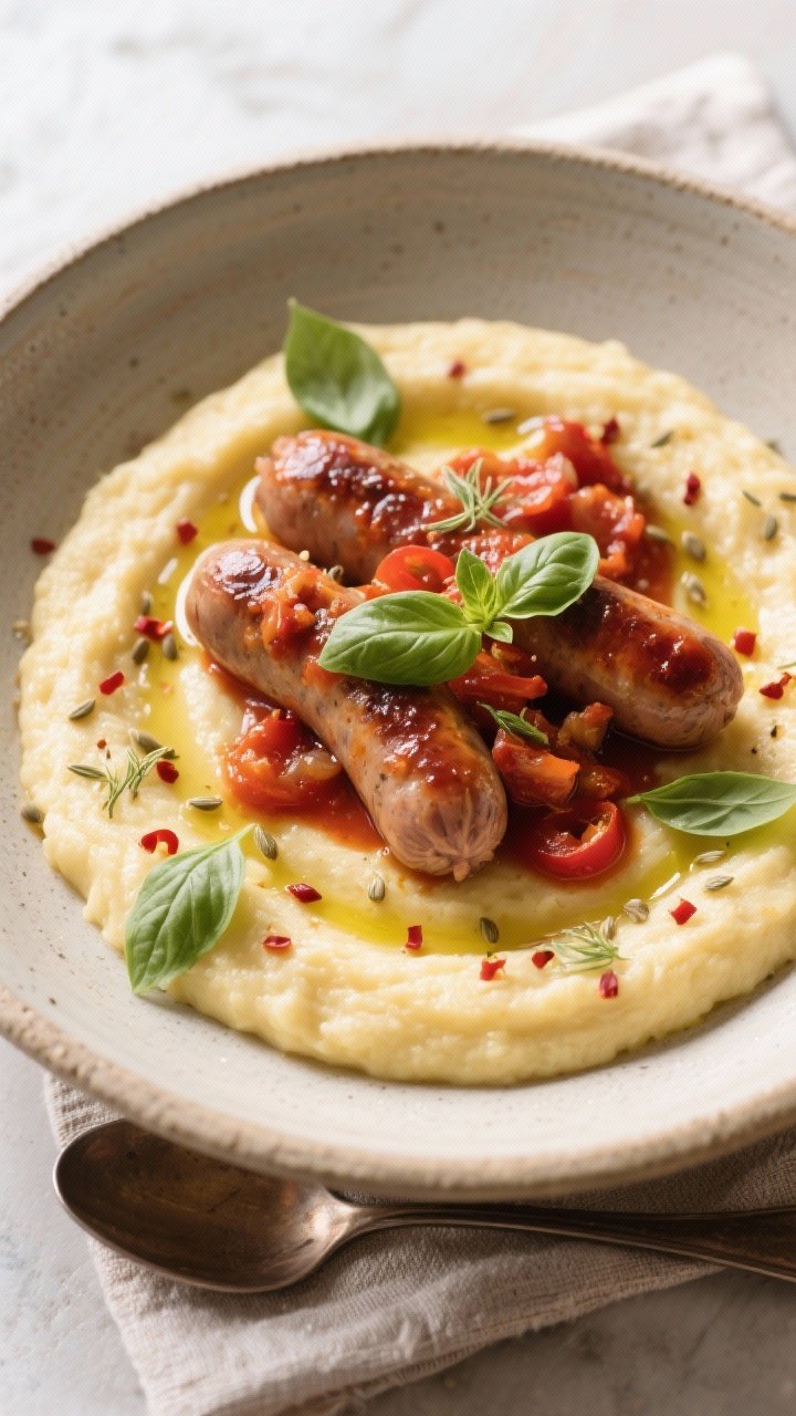 Tasty top view bowl: Overhead shot of creamy polenta topped with whole sausages and a generous spoon