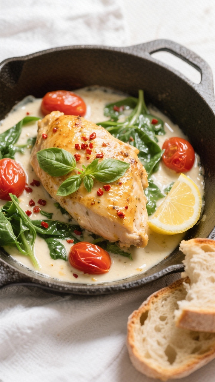 Tasty top view, bread-friendly option: Overhead shot of the finished chicken nestled in the skillet 