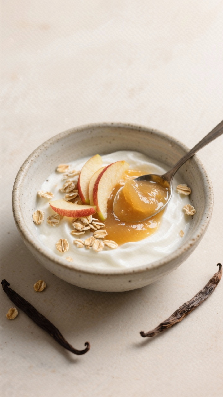 Tasty top view: Breakfast scene overhead—warm applesauce spooned over thick Greek yogurt in a ston