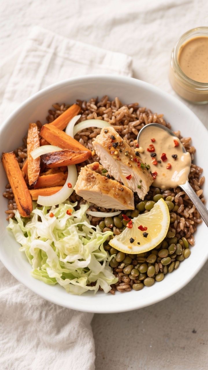 Tasty top view: Budget-friendly grain bowl assembled overhead—base of fluffy brown rice topped wit