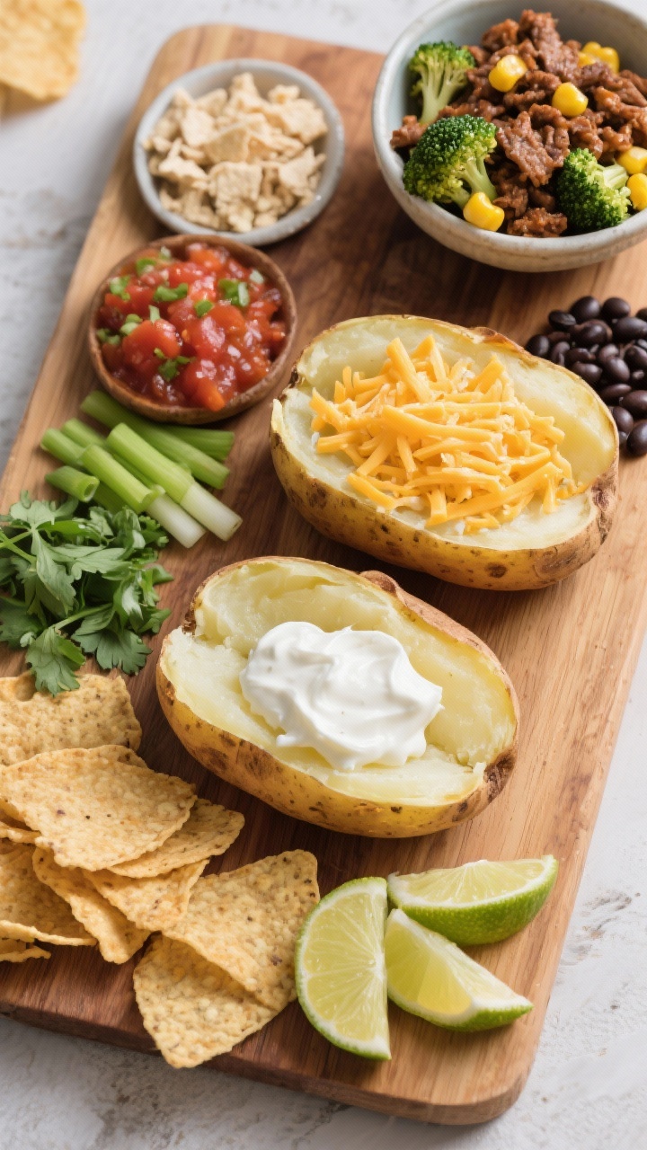 Tasty top view: Build-your-own baked potato bar overhead shot—split, fluffy russet potatoes on a w