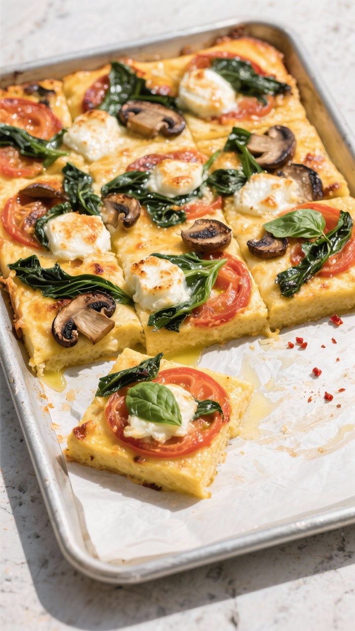 Tasty top view: Cheesy Sheet-Pan Polenta Bake fresh from the broiler, overhead shot showing golden-b