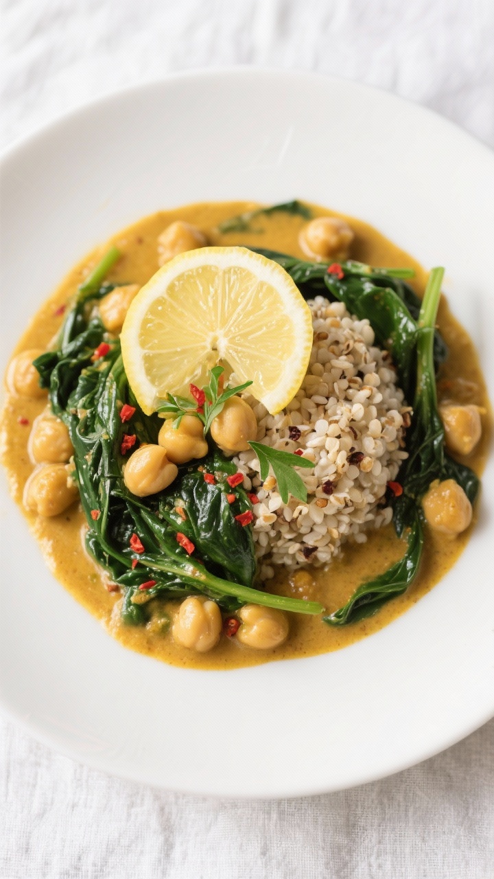 Tasty top view: Chickpea curry with coconut spinach served over fluffy quinoa, overhead shot showing