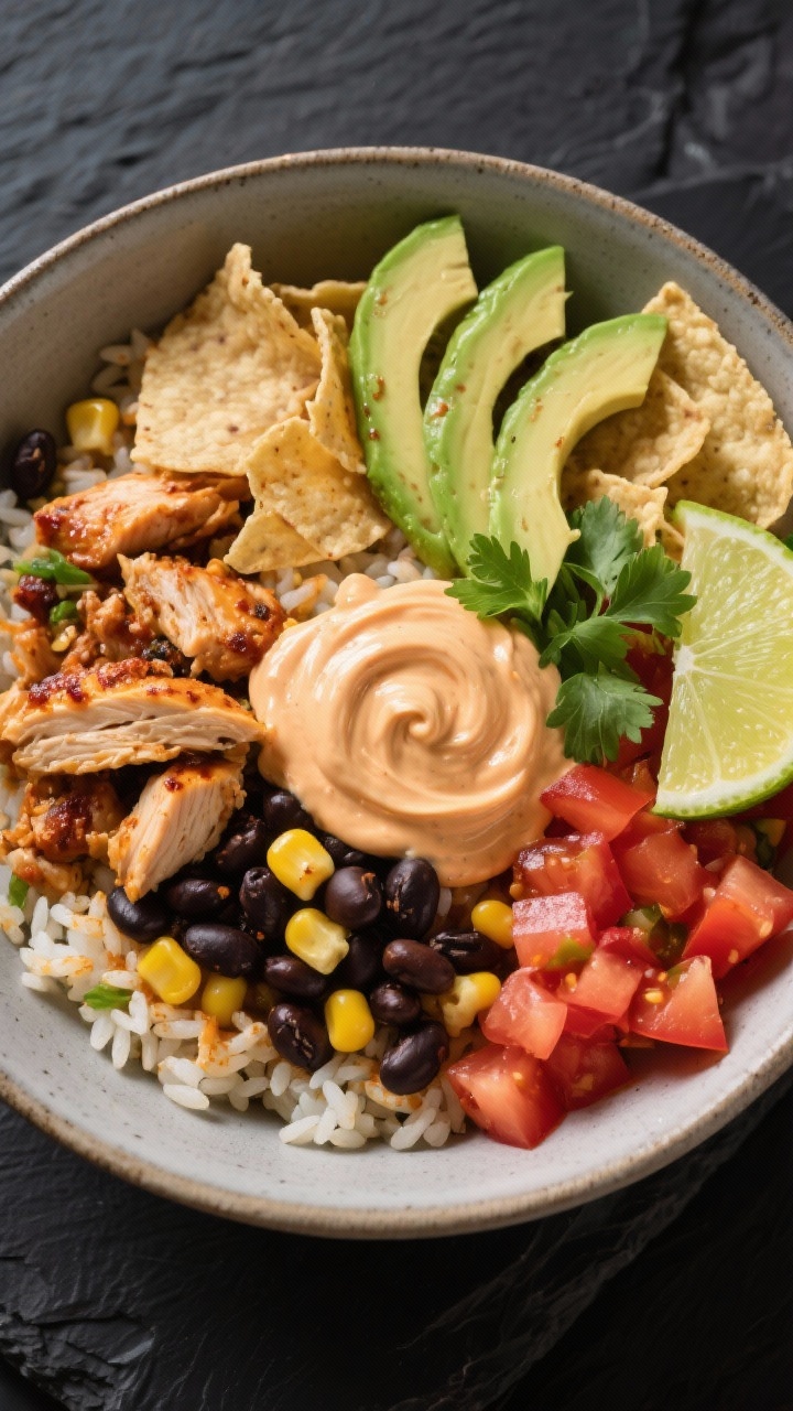 Tasty top view – Chipotle Southwest variation: Overhead shot of a vibrant chicken rice bowl: lime-