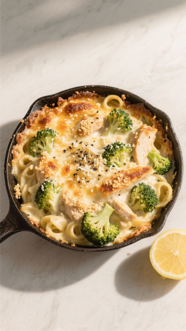 Tasty top view: Comforting Chicken-Broccoli Alfredo Bake in a cast-iron skillet—bubbly, lightly br