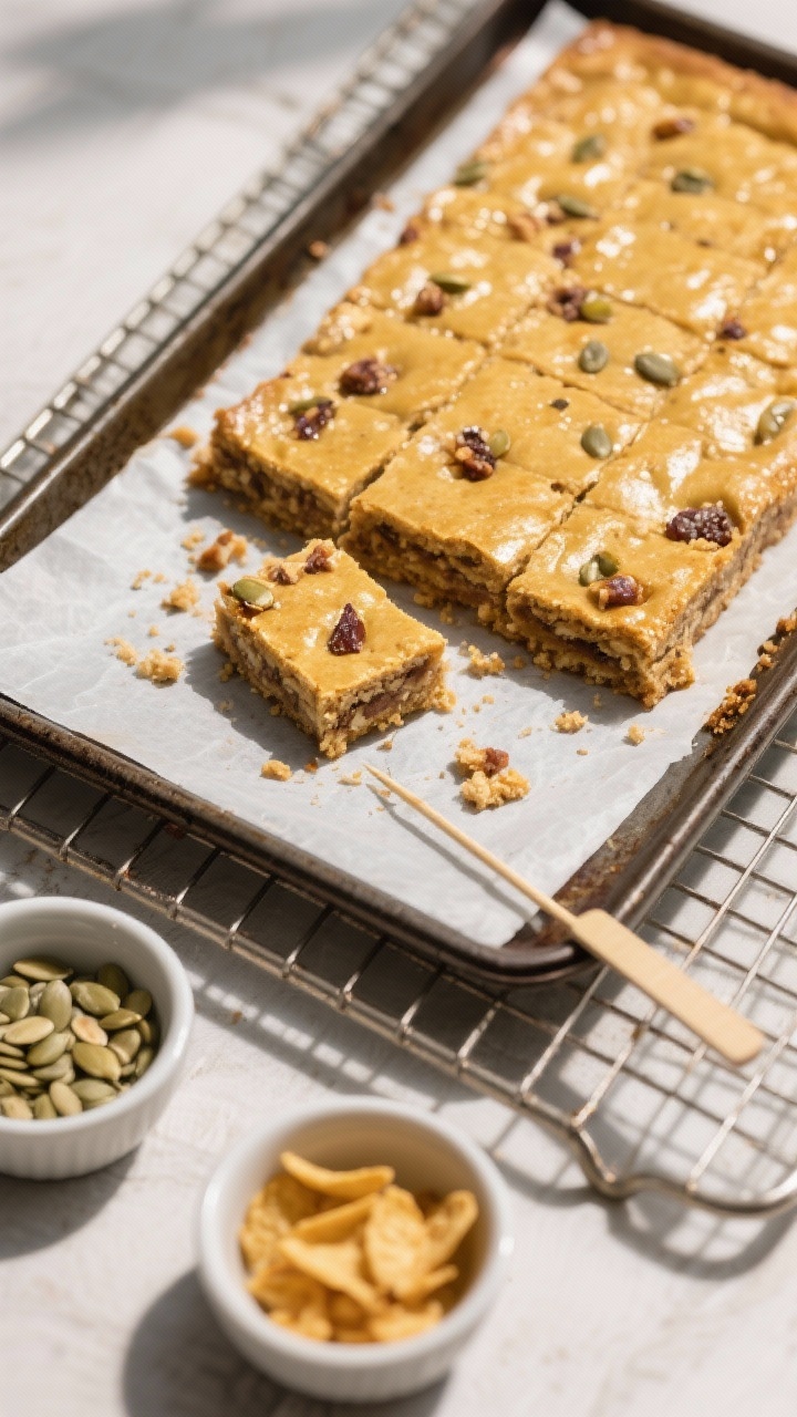 Tasty top view: Cooling rack scene with the full slab lifted from the pan on parchment, partially sl