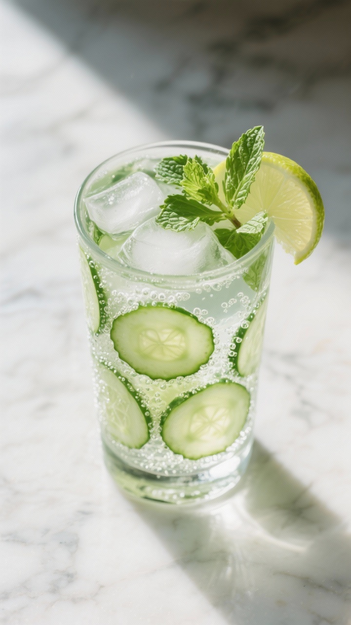Tasty top view: Cucumber Mint Spa Cooler finished and served—overhead shot of a highball glass bri