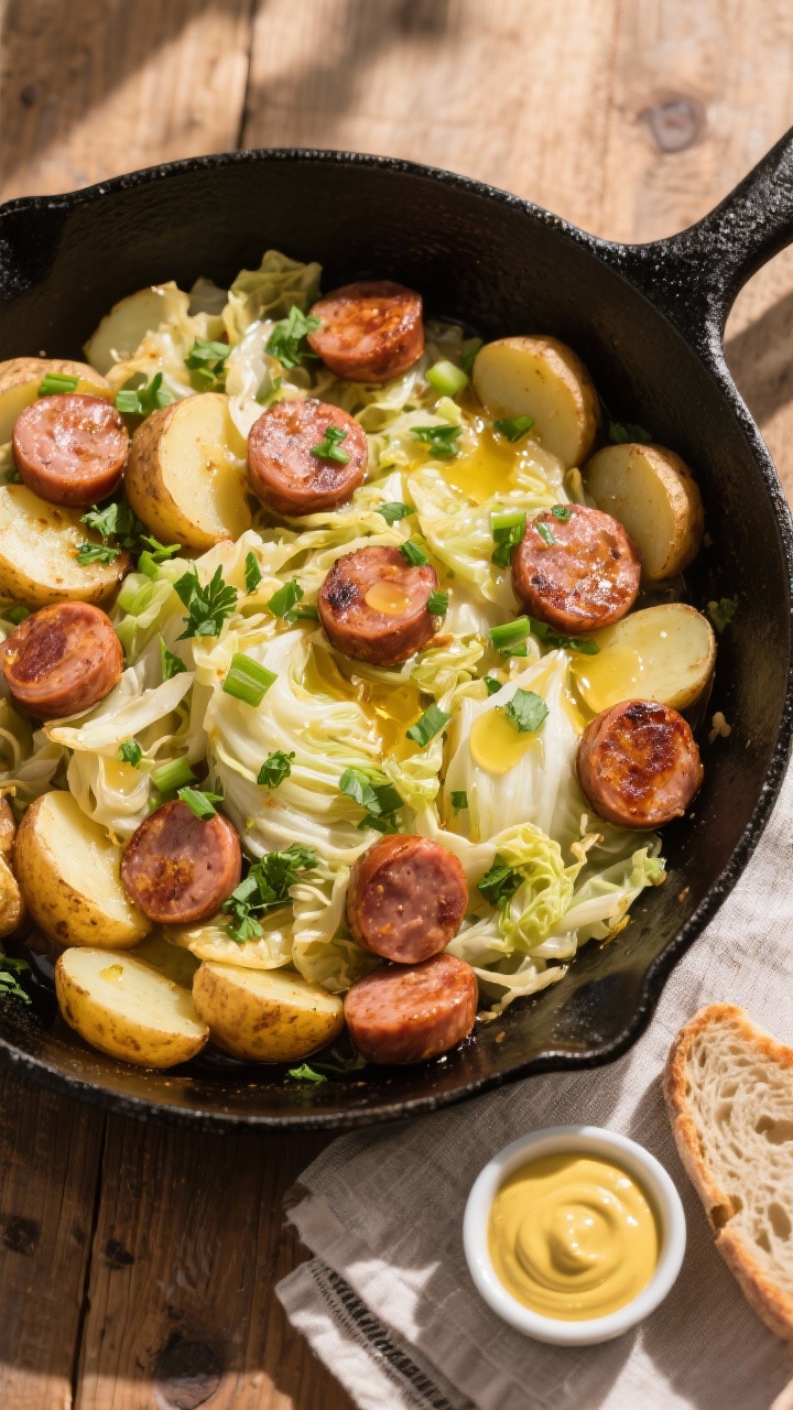Tasty top view — Family-size skillet finish: Overhead shot of the complete Cabbage, Sausage & Pota