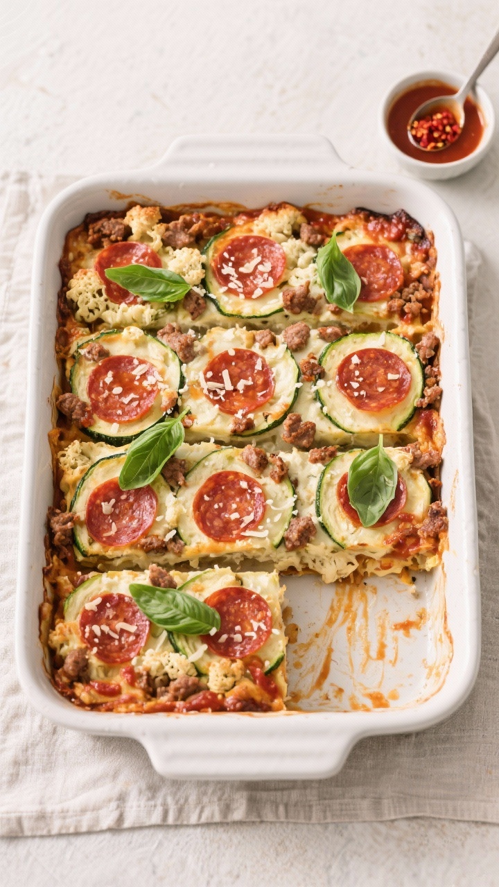 Tasty top view — family-style in baking dish: Overhead shot of the baked low-carb pizza casserole 
