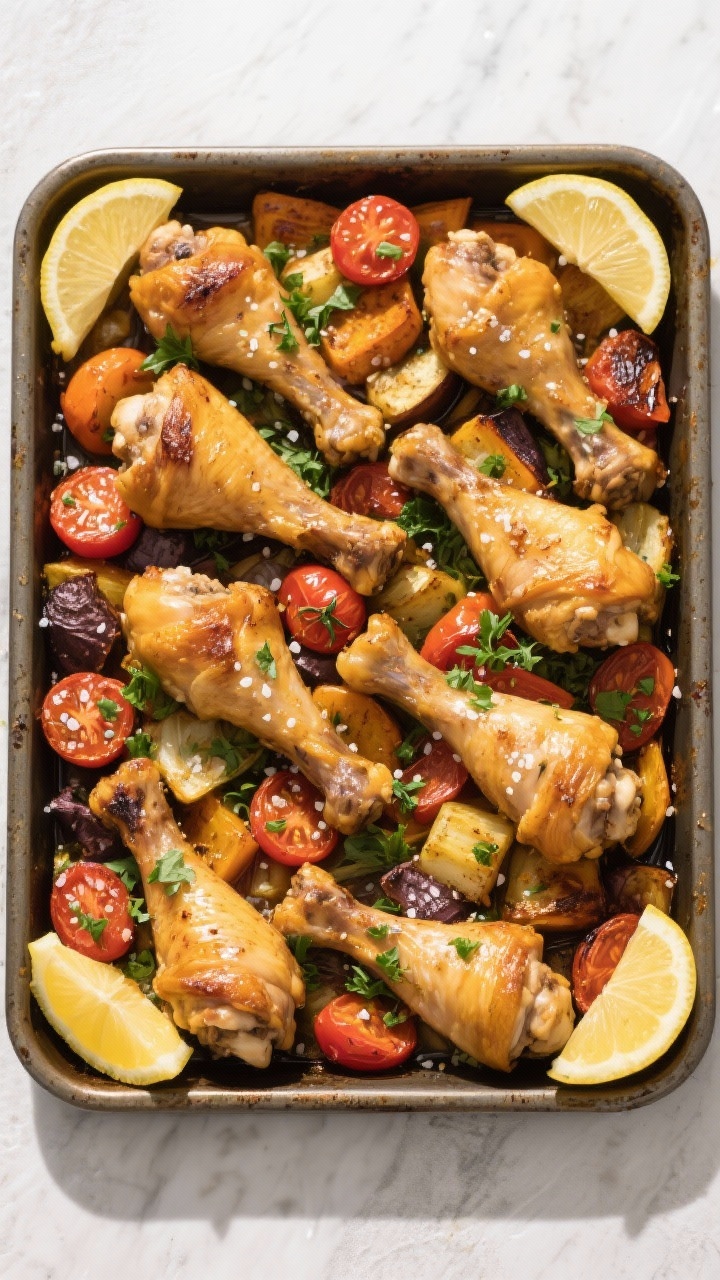 Tasty top view (family-style): Overhead hero shot of the full tray bake served straight from the pan
