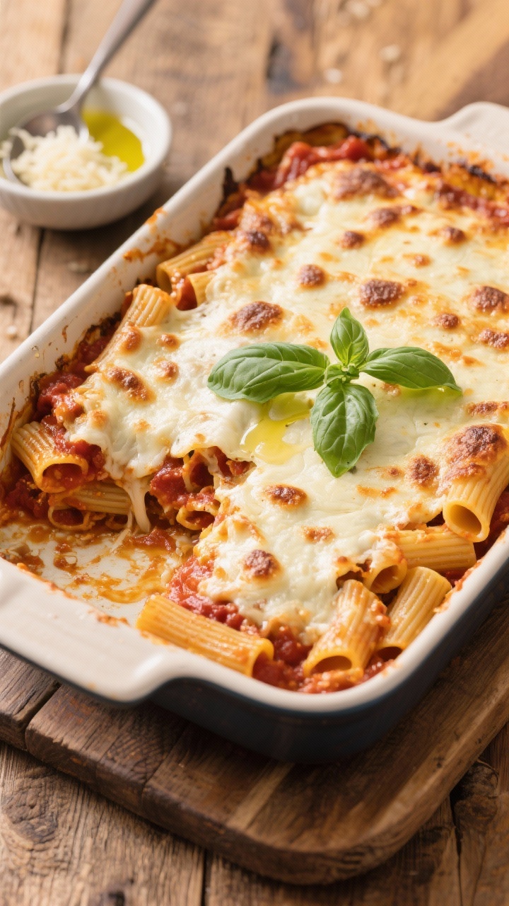 Tasty top view (family-style): Overhead shot of the full baked ziti in the pan after resting, cheese