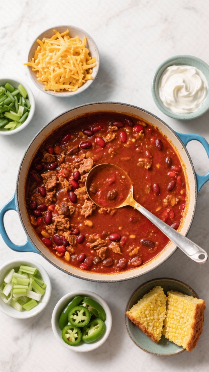 Tasty top view: Family-style serving scene from above—a large pot of chili at center with a thick,