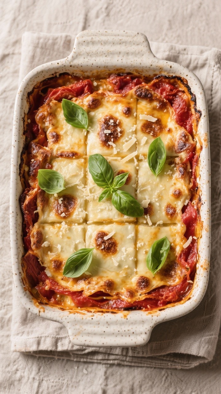 Tasty top view: Final baked casserole, uncovered and resting, photographed from directly above—bub