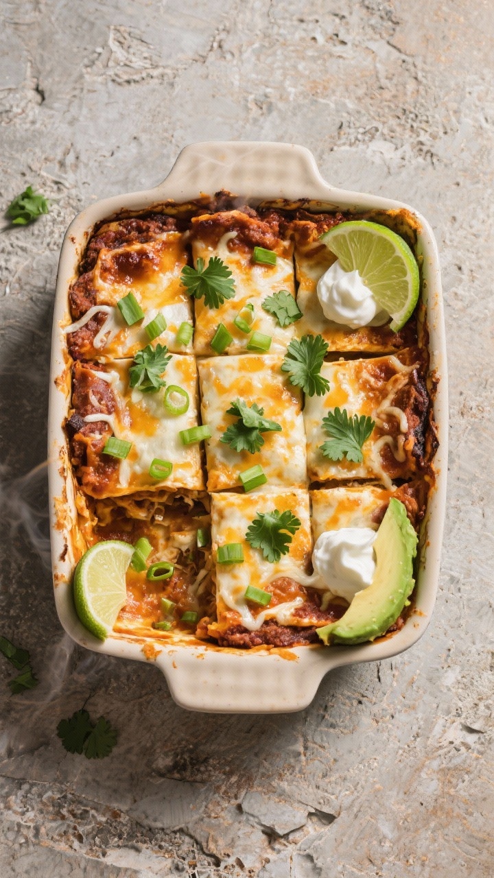 Tasty top view: Final baked enchilada casserole rested and topped—overhead shot of the casserole c