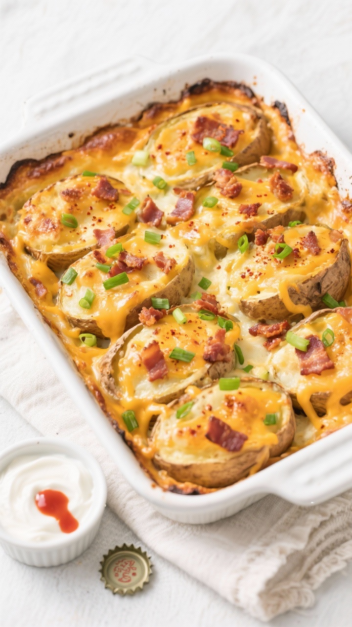 Tasty top view: Final baked Twice Baked Potatoes Casserole straight from the oven, photographed over