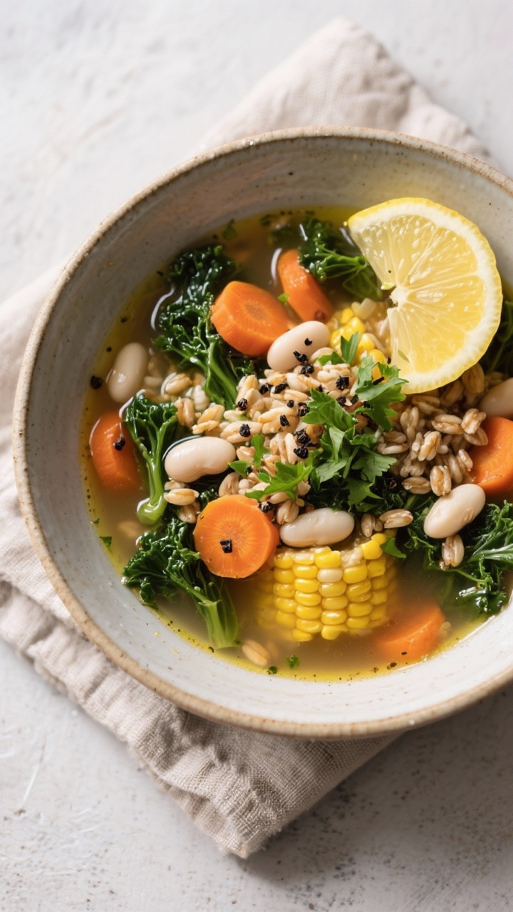Tasty top view: Final bowl of leftover vegetables soup with added cooked farro and white beans, fini