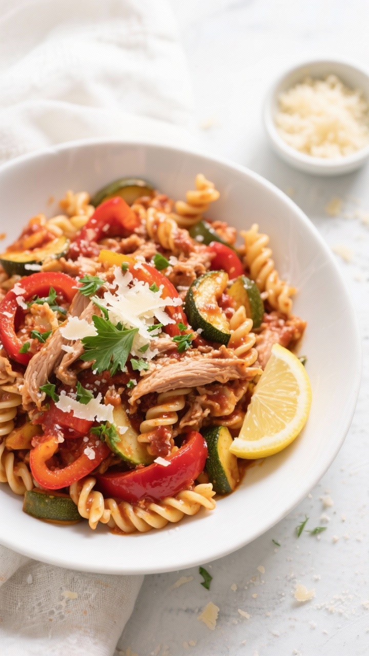 Tasty top view: Final Budget Turkey & Vegetable Pasta served family-style in a wide, shallow white s