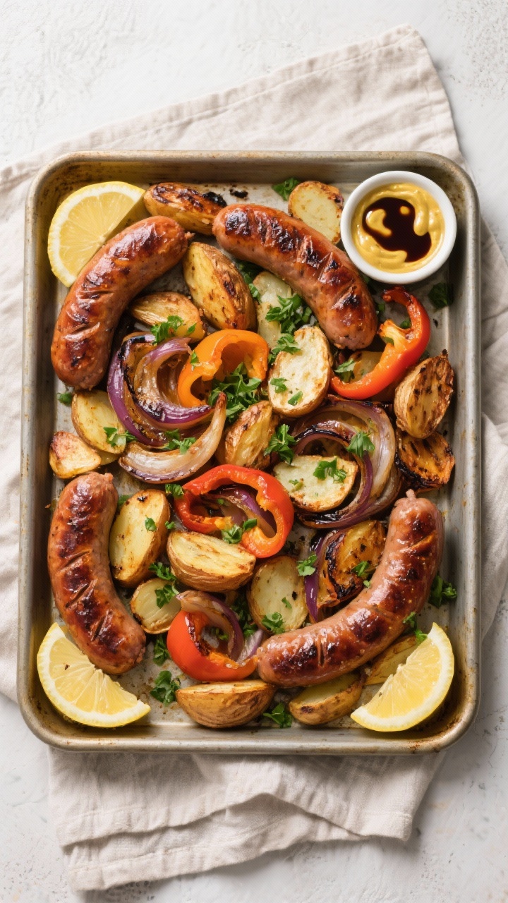Tasty top view, final pan: Overhead shot of the finished sheet pan dinner, everything roasted to glo