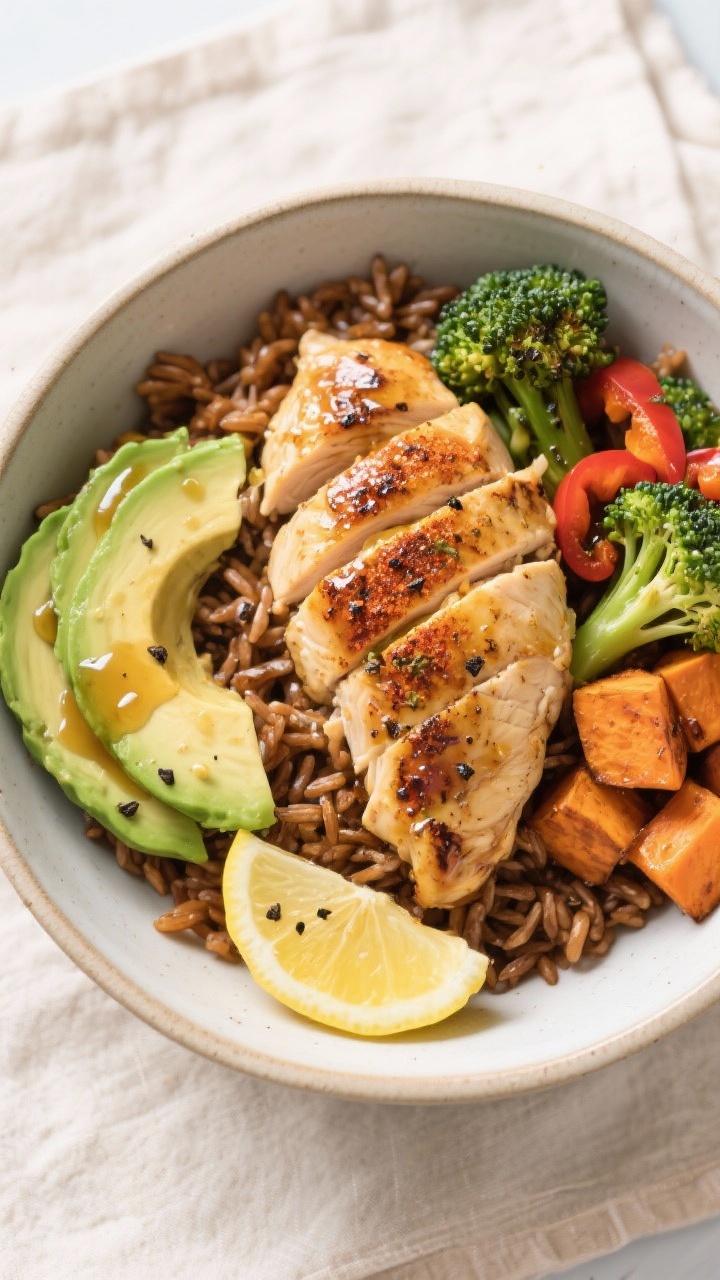 Tasty top view: Final power bowl—sliced avocado fan, roasted cumin-paprika chicken, charred brocco