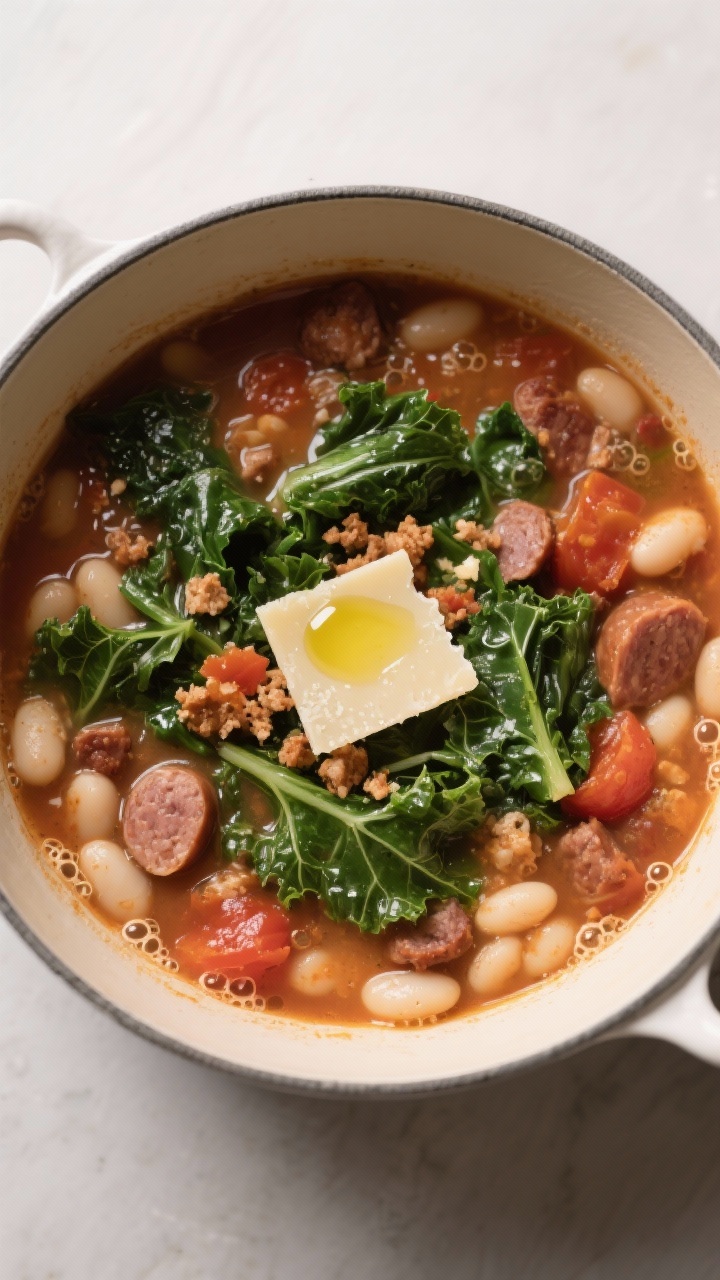 Tasty top view — Final simmer with greens: Overhead shot of hearty Italian sausage and white bean 
