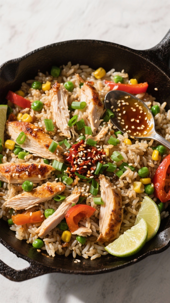 Tasty top view: Final Weeknight Leftover Chicken Rice Skillet served family-style in a wide, shallow