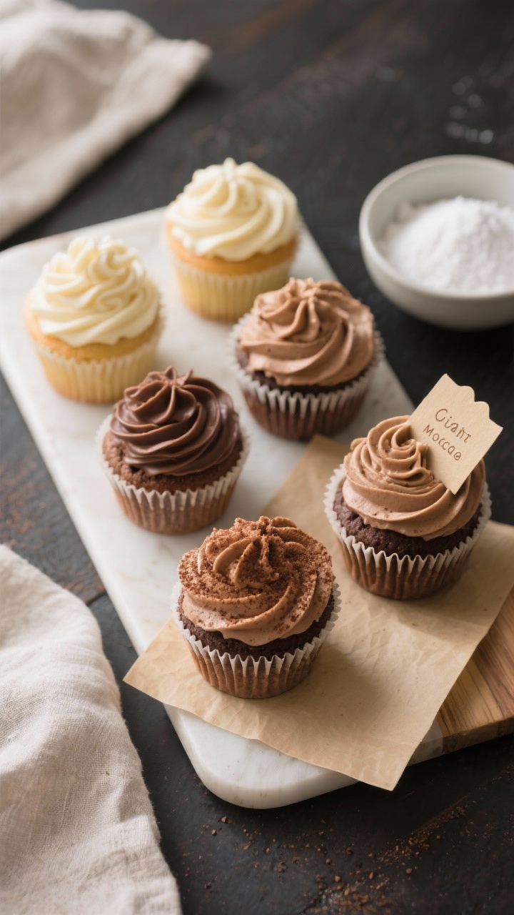 Tasty top view: Flat-lay of a serving board with assorted finished cupcakes—some with classic vani