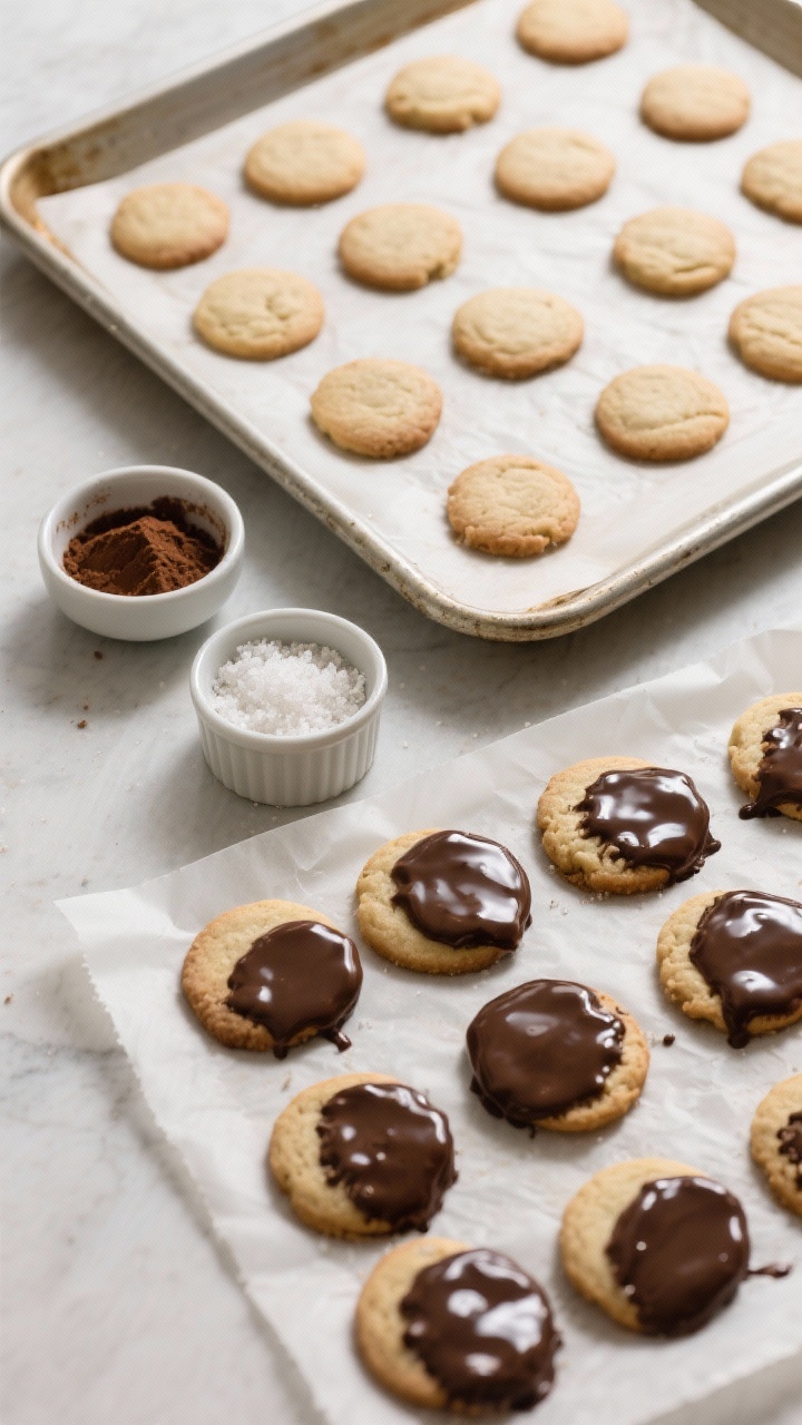 Tasty top view: Flat lay of a weeknight-ready scene—parchment-lined baking sheet with evenly space