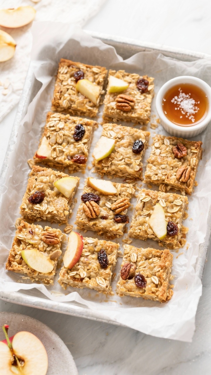 Warm Cinnamon Apple Oatmeal Bake (From Leftover Apples) — The Lazy Genius Breakfast That Tastes Like a Hug Tasty top view for meal prep: Overhead shot of multiple baked oatmeal squares portioned and arranged