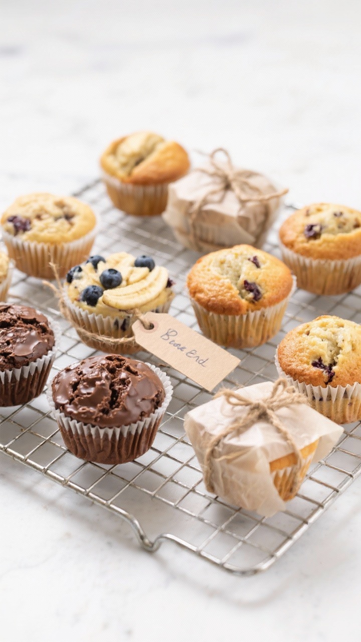 Tasty top view: Freezer-friendly layout—overhead of assorted muffins (classic, blueberry banana wi
