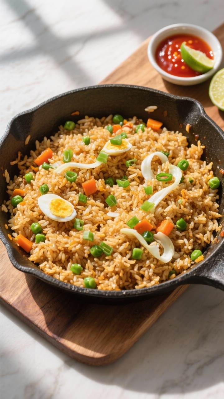 Tasty top view — garnished family-style: Overhead shot of a large skillet of finished fried rice s