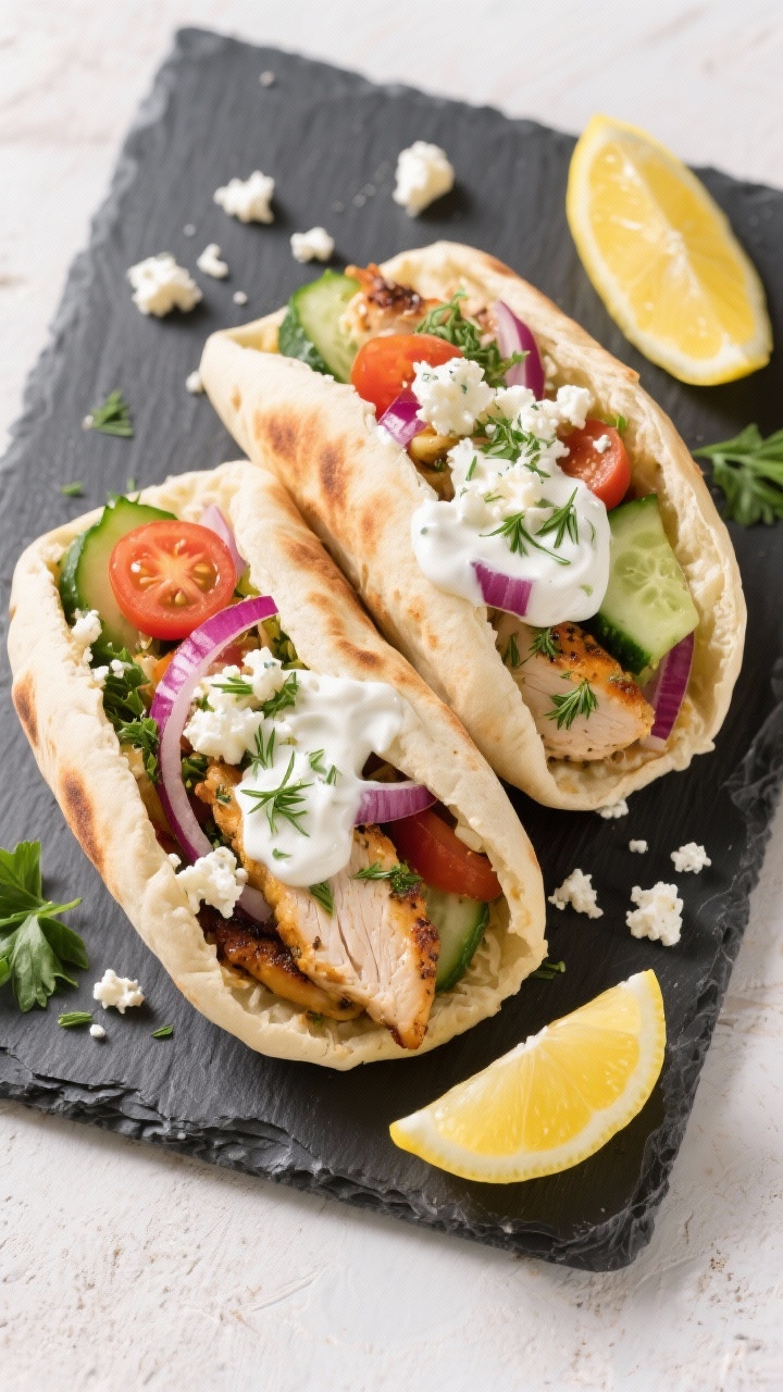 Tasty top view: Greek-style chicken pitas stuffed and ready—warm pitas overfilled with lemon-orega