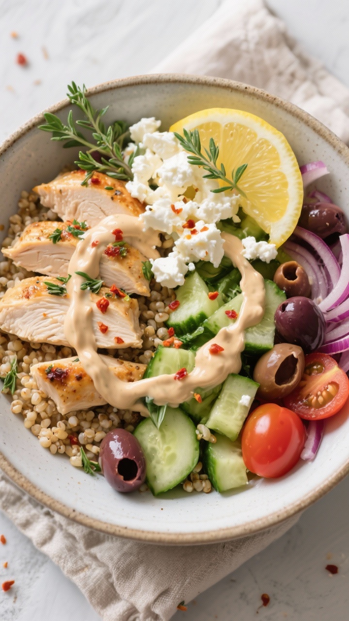 Tasty top view — Greek-Style Chicken Power Bowl: Overhead shot of a composed grain bowl on a matte
