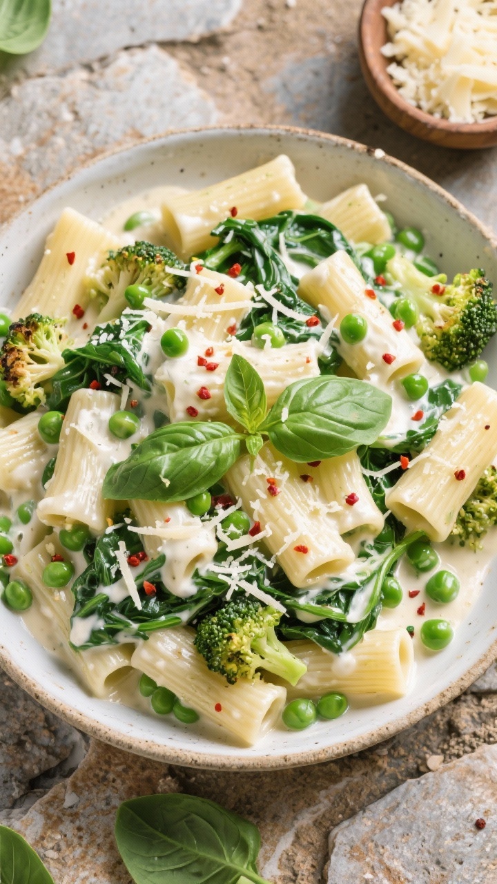 Tasty top view: Green Veggie Alfredo—overhead of rigatoni coated in creamy sauce with vibrant peas