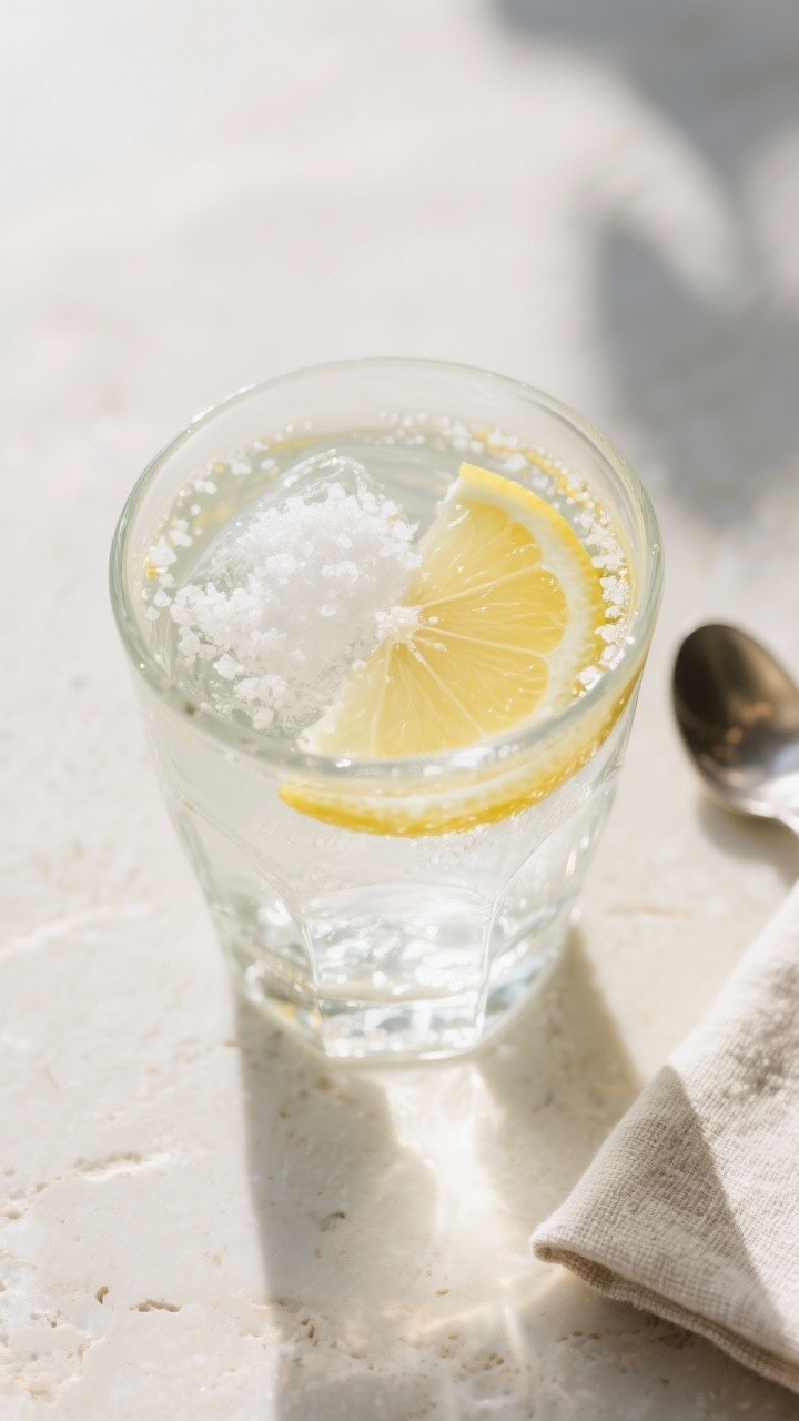 Tasty top view: Hydration Citrus Start, overhead shot of a clear glass filled with icy lemon water, 