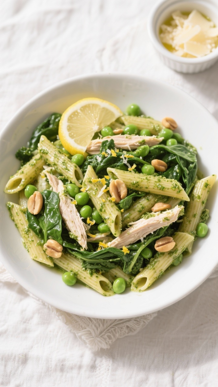 Tasty top view: Lemony Pesto Primavera penne in an overhead shot—vivid green pesto sheen coating a