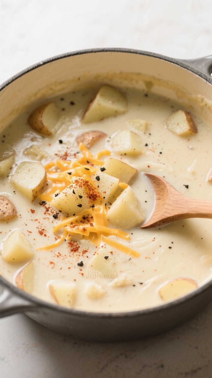 Tasty top view — loaded potato soup in the pot: Overhead shot of the creamy potato soup at the “