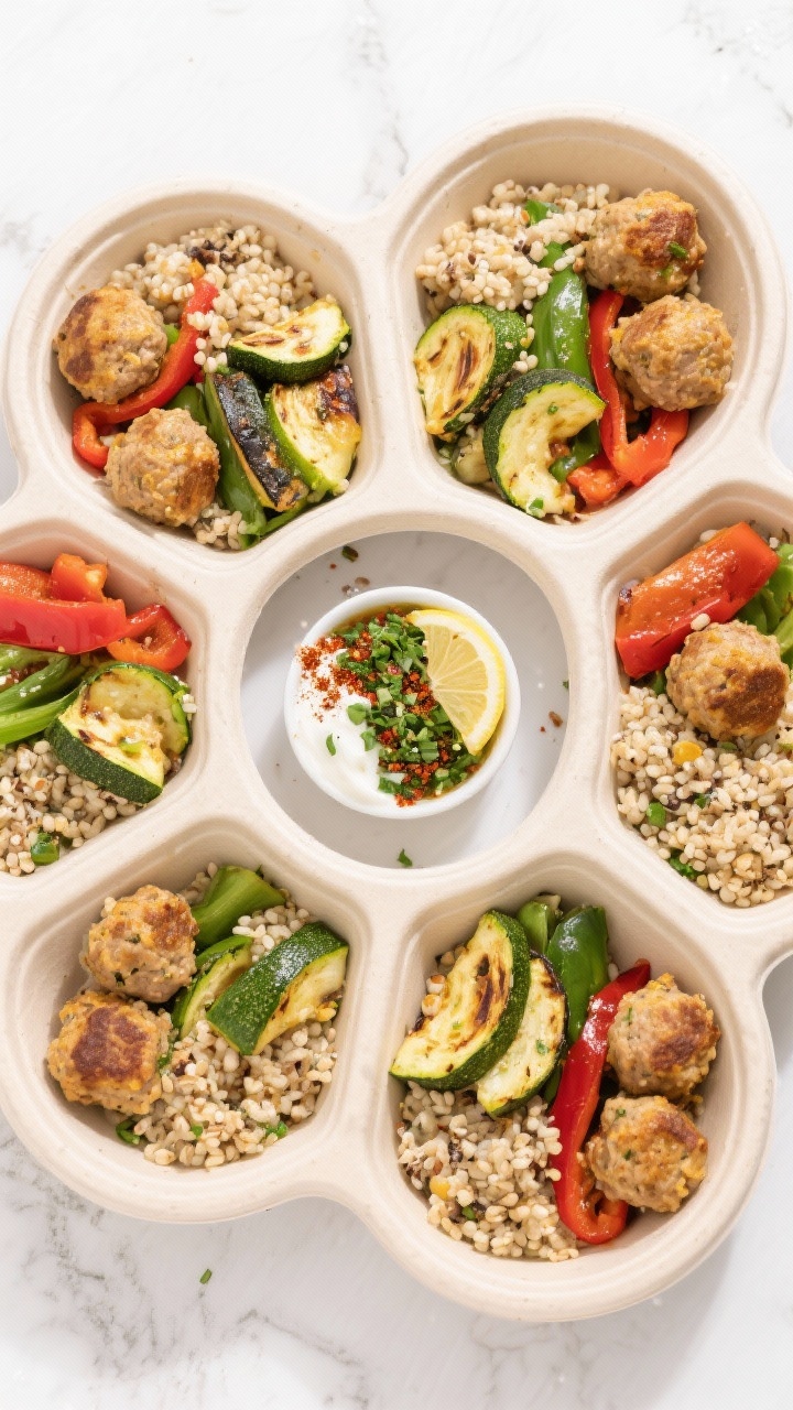 Tasty top view: Macro-friendly meal prep bowls arranged overhead—four compartments with turkey mea