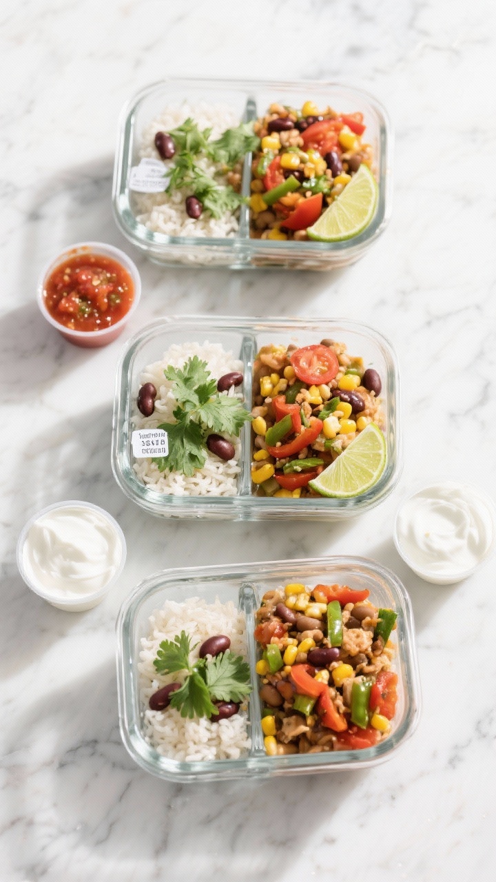 Tasty top view — Meal-prep and lunch-box ready: Overhead shot of three airtight glass containers f
