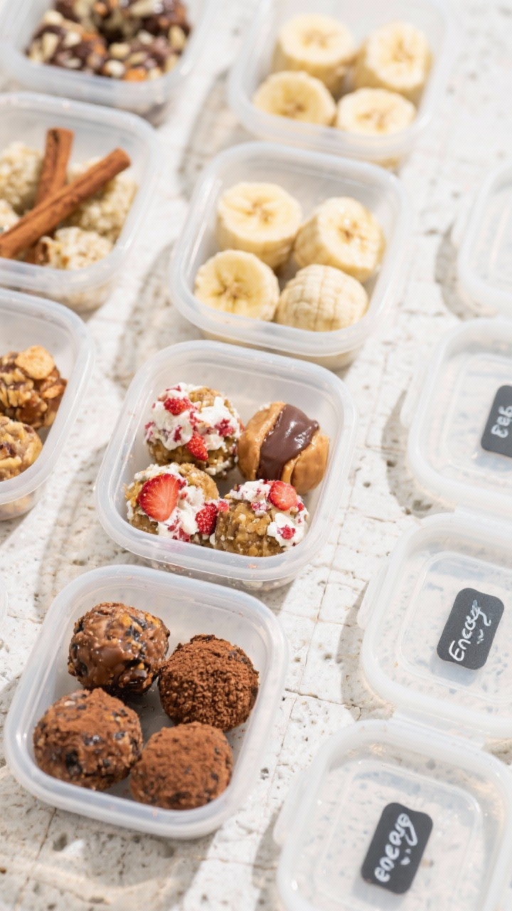 Tasty top view: Meal-prep scene of snack-sized containers each holding 2–3 Banana Energy Balls wit