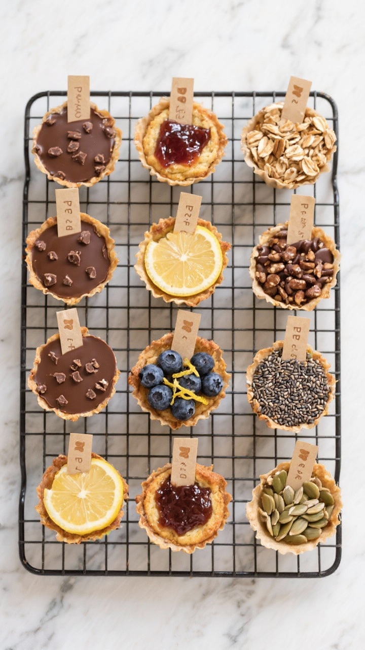 Tasty top view: Meal-prep scene with a grid of assorted flavor variations of banana oat cups arrange