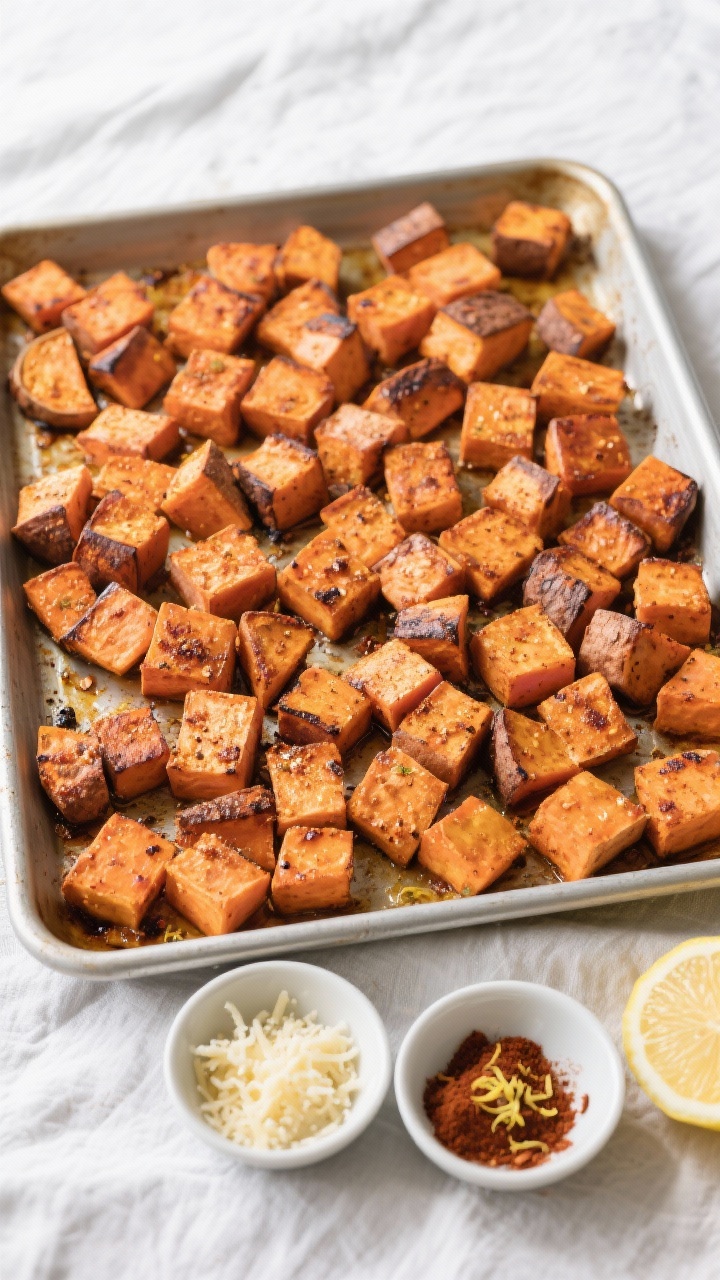 Tasty top view: Meal-prep spread of seasoned sweet potato cubes on a rimmed sheet pan post-cook, eve