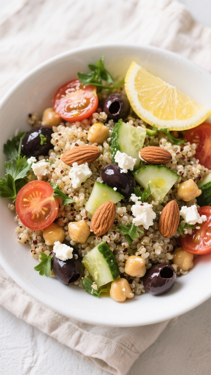 Tasty top view: Mediterranean quinoa power bowl overhead, fluffy quinoa mixed with chickpeas, halved